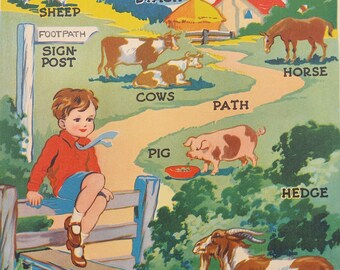 Vintage print - English Countryside illustration, from a 1930s children's book - nursery print. Farm vocabulary - nursery decor
