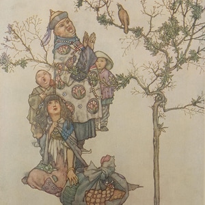 W. Heath Robinson - stampa antica dal libro di fiabe di Hans Andersen, circa anni &#39;20, &quot;L&#39;usignolo&quot;. Illustrazione aggiunta per incorniciatura.