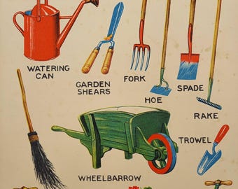 Vintage Garden Tools Print: 1930s Children's Book Illustration
