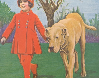 Vintage print &#39;Betty Prefers a Really Big Dog&#39;, little girl in red leading a great dane, from a 1930s children&#39;s book - nursery print