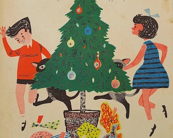 Vintage print - Christmas morning, from a 1963 children&#39;s book - nursery print. Lovely graphic Christmas  illustration