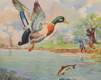 Vintage print - A duck in flight and children fishing, from a 1950s children&#39;s book - nursery print