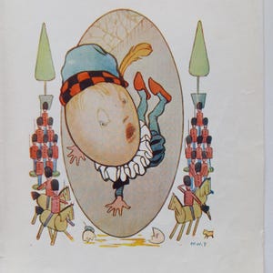 May include: A cartoon illustration of a large egg with a human face and a blue and red hat, standing on its hands. The egg is surrounded by a group of soldiers in red uniforms and a pair of horses with riders. The image is set against a white background.