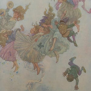 W Heath Robinson - stampa antica dal libro di fiabe di Hans Andersen, circa anni &#39;20. Elfin Mount, illustrazione con margine.