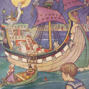 May include: A whimsical illustration of a large ship with a goose on the bow, sailing on a blue sea. The ship is filled with mice and has a pink sail. A small boat with a mouse in it is in the foreground.