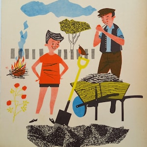 impression vintage - Un merle leur chante, d'un livre pour enfants de 1963 - impression pour chambre d'enfant. Belle illustration graphique de jardinage