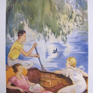 May include: A watercolor painting of three people in a boat on a lake. The boat is under a willow tree and the people are enjoying a sunny day. The person in the back of the boat is rowing, the person in the middle is relaxing, and the person in the front is looking out at the lake.