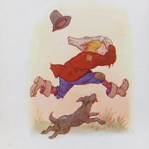 May include: A cartoon illustration of a person running with a hat flying off their head. A black dog is running behind the person.