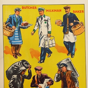 Pode incluir: Ilustração vintage com figuras representando profissões: açougueiro, leiteiro e padeiro. O açougueiro carrega uma cesta e um prato com carne. O leiteiro segura um porta-garrafas de leite. O padeiro carrega uma cesta e um bolo. O fundo é amarelo.