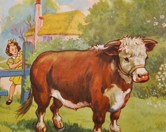 impression vintage - Beau taureau avec un corbeau et une petite fille dans un champ, d'un livre pour enfants des années 50 - impression de chambre de bébé