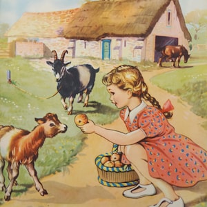 Vintage print - girl feeding an apple to a billy goat, from a 1950s children&#39;s book - nursery print