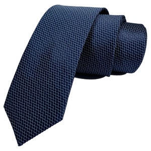 White and dark blue diagonal striped plaid tie on blue background 2.36 6cm