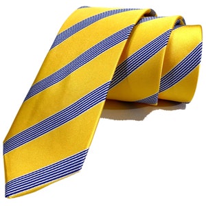 Canary yellow, dark blue and white crossed striped men's necktie 2.36" (6cm)