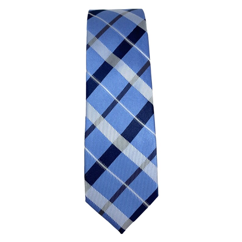 White and dark blue diagonal striped plaid tie on blue background 2.36 6cm