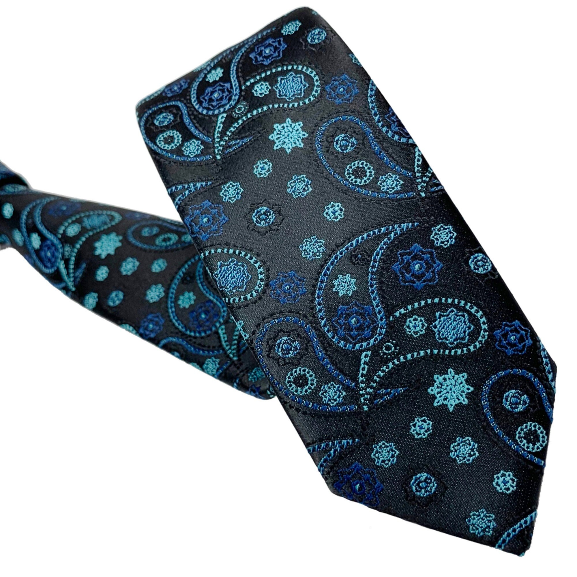 Tie With Turquoise Blue Leaves and Star Flowers on a Black - Etsy
