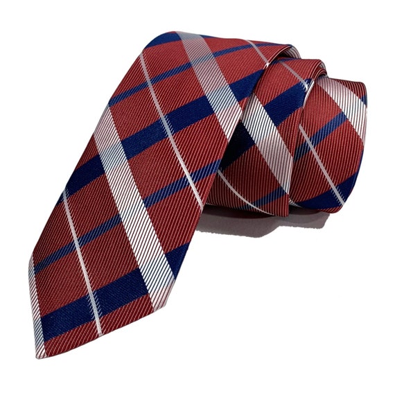White and dark blue diagonal striped plaid tie on blue background 2.36 6cm