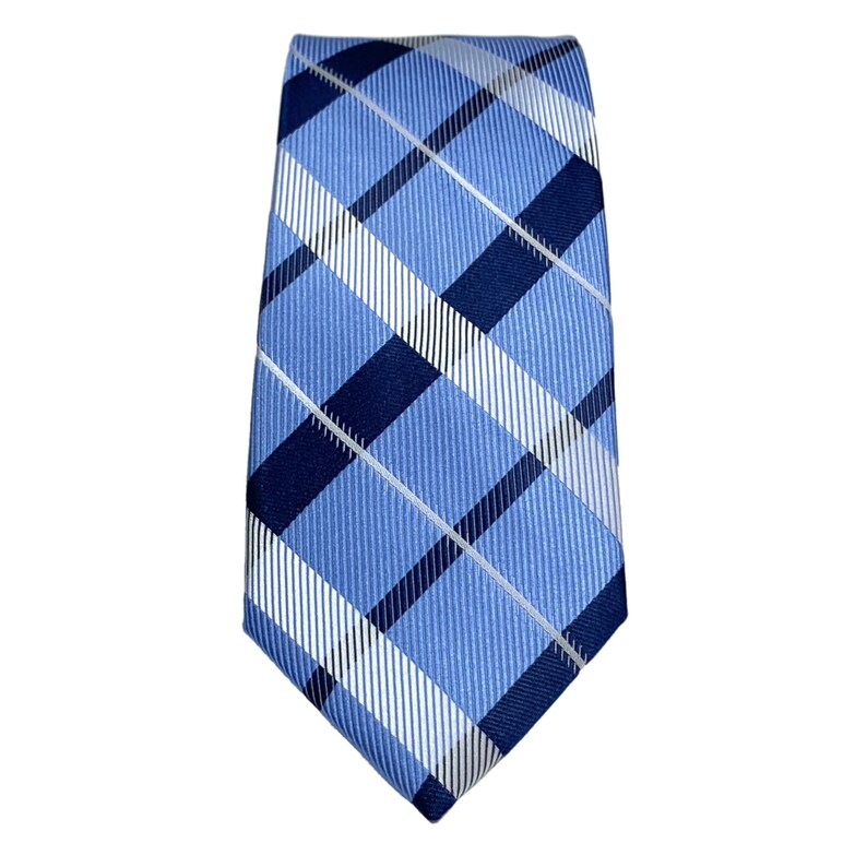 White and dark blue diagonal striped plaid tie on blue background 2.36 6cm