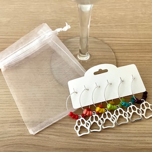 Colorful Dog Print Wine Charms Set, Pack of 6 - Rainbow Beaded Paw Print Silver Wine Markers, Drink Tags, Wine Lover Gift