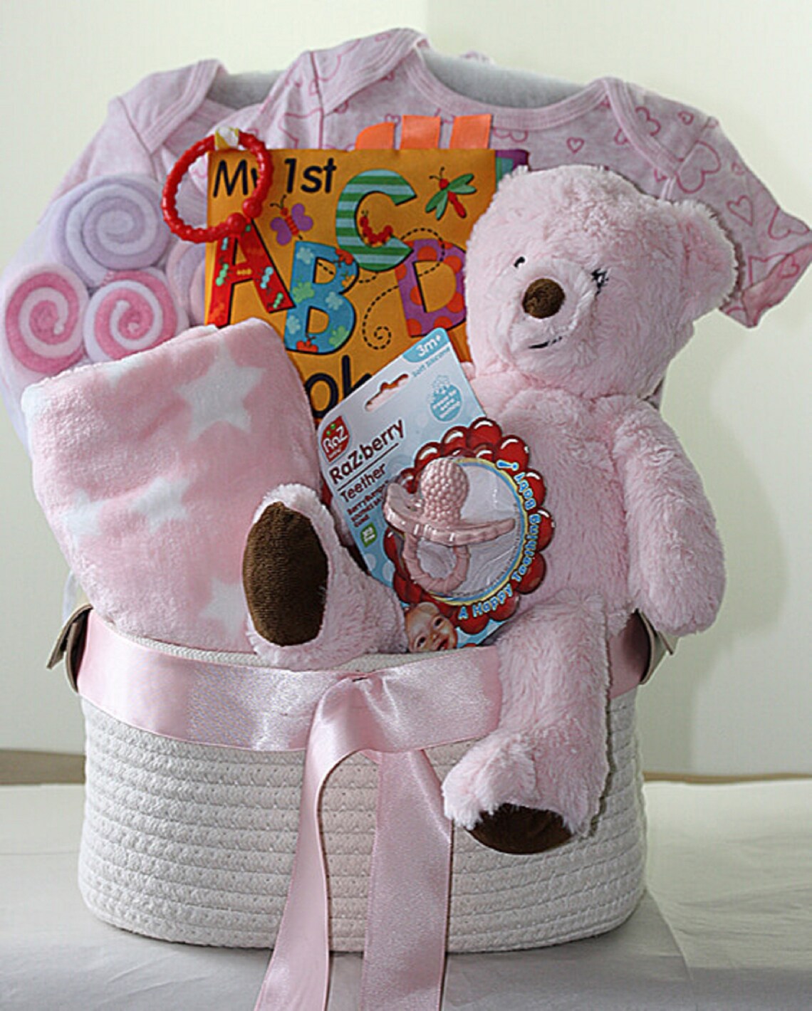 Teddy Bear Girl Basket, Baby Girl Birthday Gift Basket, Bear Gift