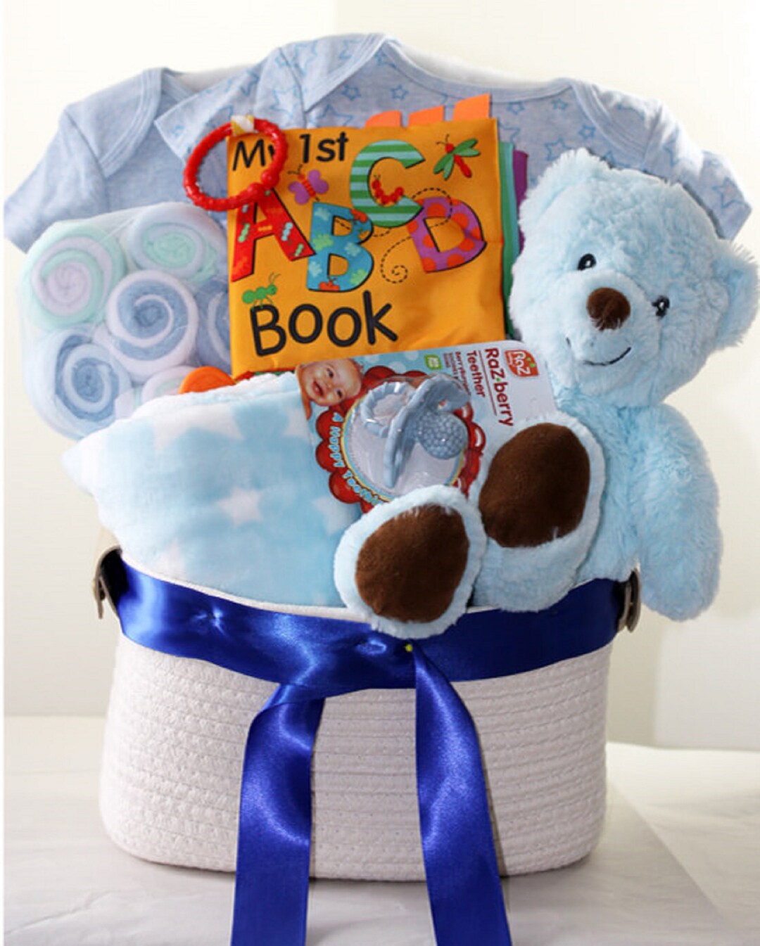 Teddy Bear Boy Basket, Bear Gift Basket, Birthday Gift Basket, Blue