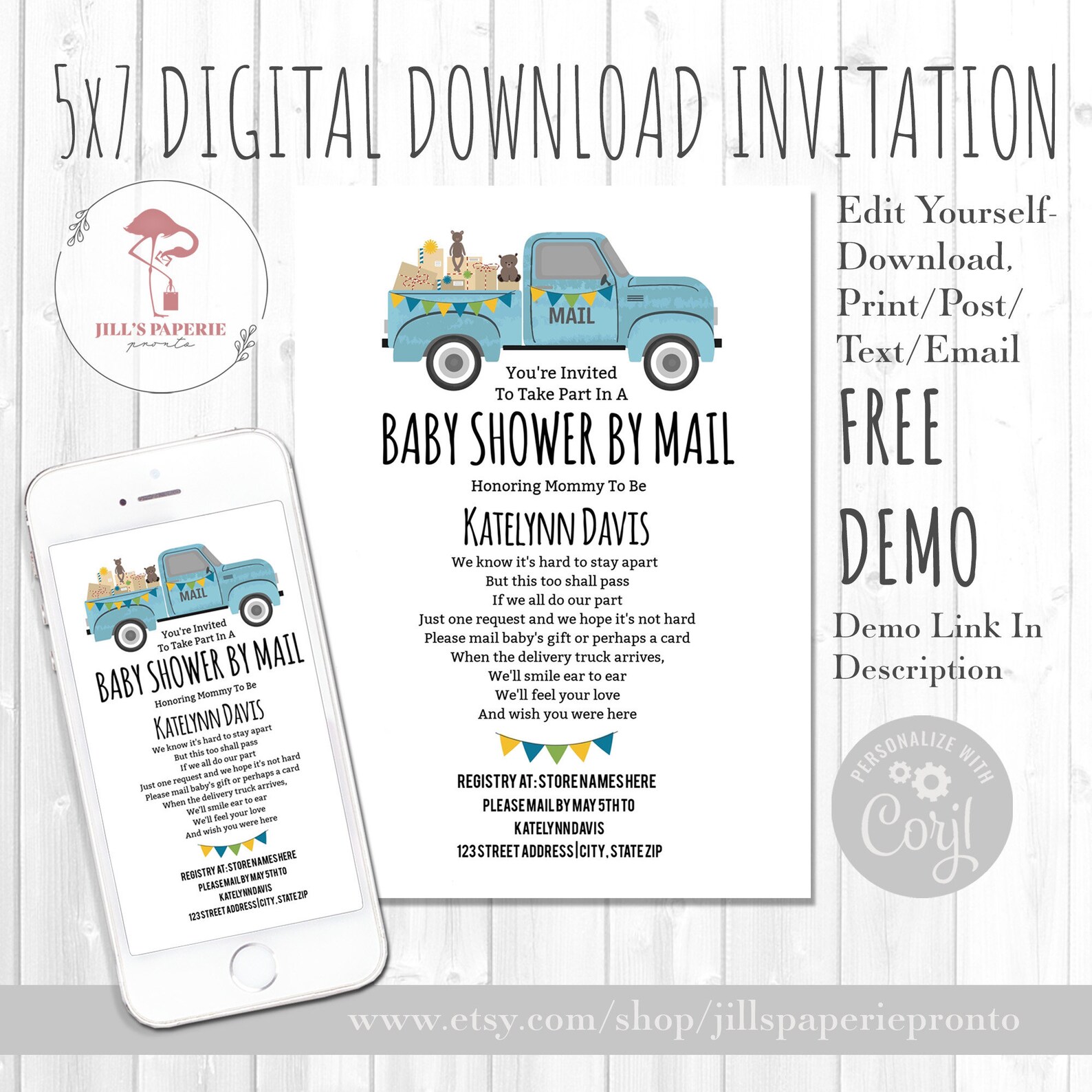 Baby Shower Virtual Invitation Boy by Mail Electronic Etsy