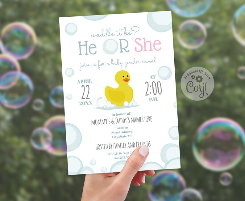 5x7 Gender Reveal Waddle It Be Rubber Duck Bubbles He or She Etsy