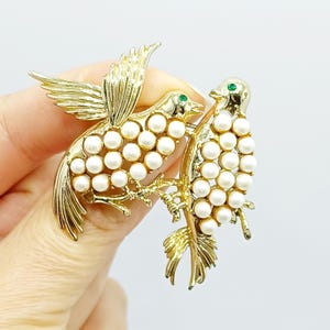 Vintage signed CORO Pegasus Love Bird brooch Faux pearl figural bird pin with green rhinestone eyes Birds on a branch brooch 1950s