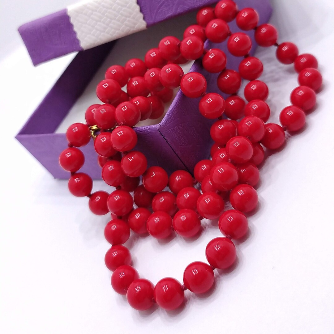 Vintage Red Glass Bead Necklace Czech Glass Round Beaded Etsy