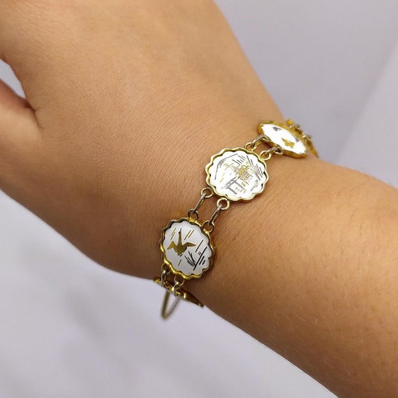 UNIQUE Damascene bracelet Vintage white and gold … - image 1