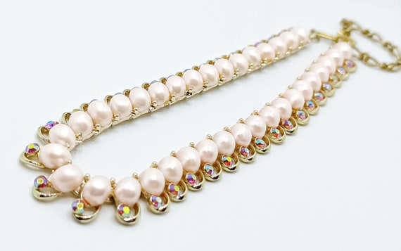 Vintage pink pearl collar necklace Faux pearl gol… - image 5