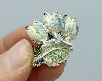 Pendientes de clip con forma de tulipán esmaltado vintage: diseño floral retro en tono plateado