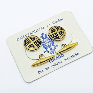 Schwarz und Gold Vogel Manschettenknöpfe Vintage Damaszener Runde Manschette Tinten Spanisch Toledo Damaszener Schmuck