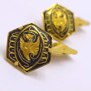 Vintage Damaszener sechseckigen Manschettenknöpfe Schwarz und Gold Drachen Manschettenknöpfe Spanisch Toledo Damaszener Schmuck Geschenk für Bräutigam Trauzeugen