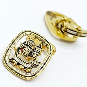 Vintage Damaszener Segel Schiff Caravelle Manschettenknöpfe Schwarz und Gold verzierte Manschettenknöpfe Spanisch Toledo Damaszener Schmuck Männer Hochzeit Schmuck