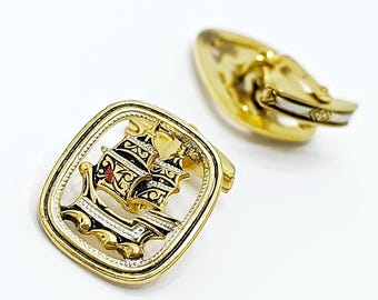 Vintage Damascene Sail ship Caravelle cuff links Black and Gold ornate cuff links Spanish Toledo damascene jewelry Men wedding jewelry