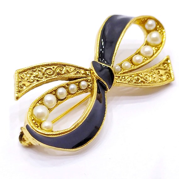 Vintage black enamel gold bow brooch Classic blac… - image 1