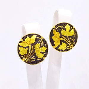 Orecchini vintage damascati con clip a forma di fiore rotondo nero e oro, orecchini Toledo spagnoli, anni &#39;60