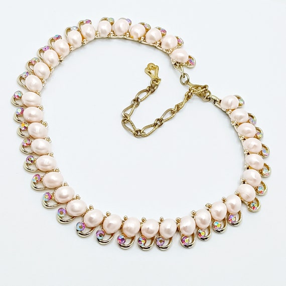 Vintage pink pearl collar necklace Faux pearl gol… - image 4