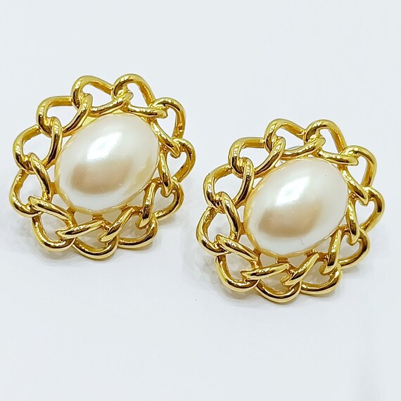 Vntage faux pearl stud earrings Chunky oval gold … - image 5