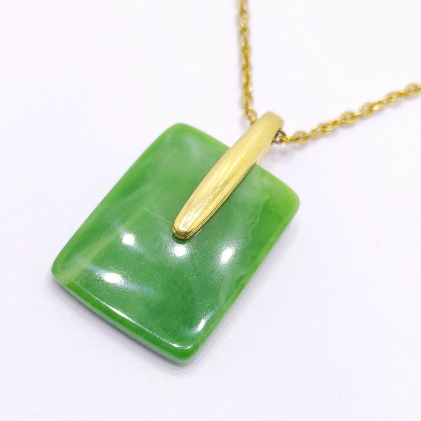 Vintage green rectangular pendant necklace TRIFARI Large lucite green pendant Gold tone cable chain 21"