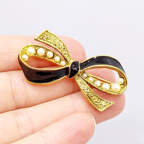 Vintage black enamel gold bow brooch Classic blac… - image 7