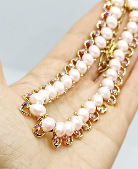 Vintage pink pearl collar necklace Faux pearl gol… - image 9