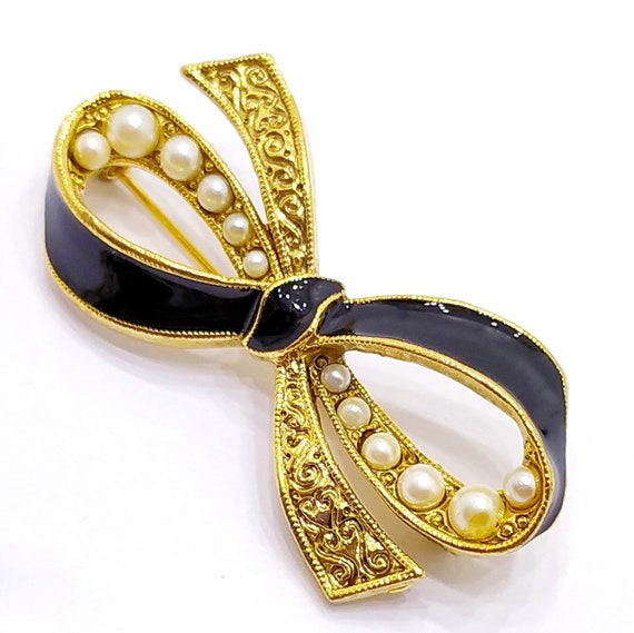 Vintage black enamel gold bow brooch Classic blac… - image 3