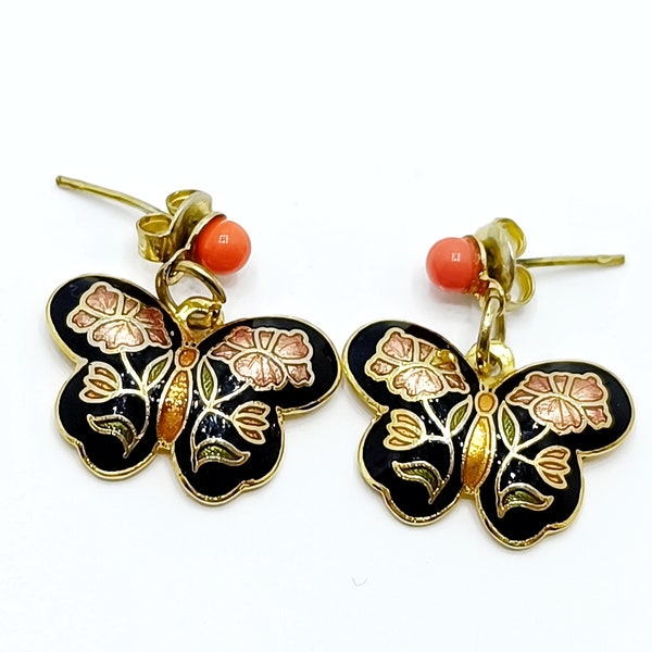 Vintage CLOISONNE butterfly earrings  Tiny black enamel  butterfly shape dangle earrings for pierced ears Genuine Cloisonne post earrings