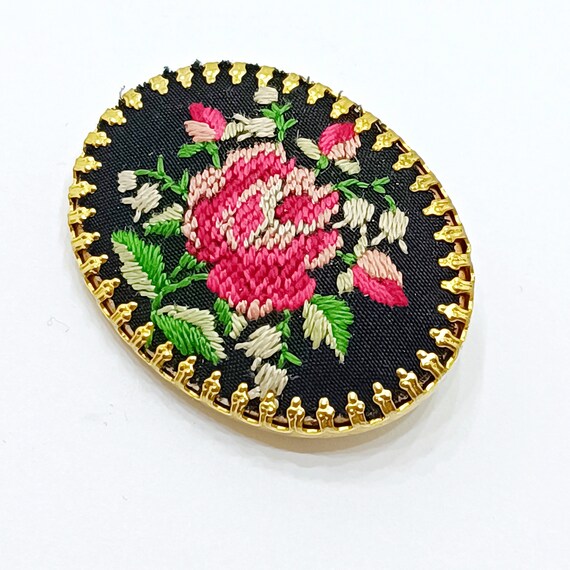 Vintage floral embroidered brooch Needlepoint ros… - image 4