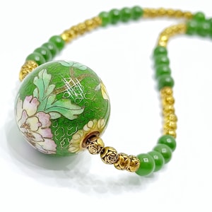 Vintage Green Jade Cloisonne bead necklace Big ball pendant jadeite nephrite beaded necklace Rare large  floral chinese Cloisonné Bead 24''