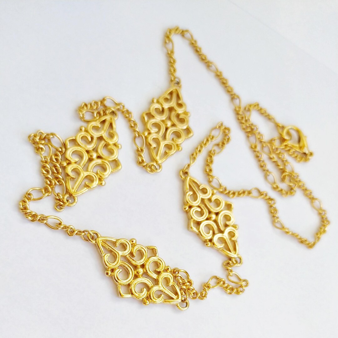 Gold Filigree Panel Chain Necklace Vintage Victorian Revival Ornate ...