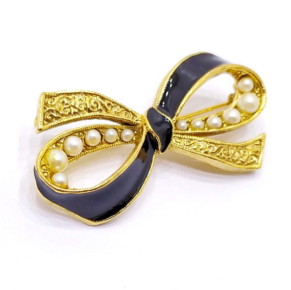 Vintage black enamel gold bow brooch Classic blac… - image 5