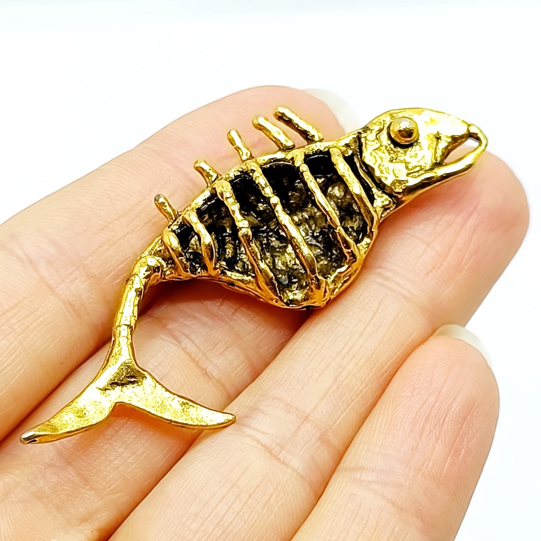 Gold Plated Artisan Whale Skeleton Pin Brutalist Fishbone Pin Vintage ...