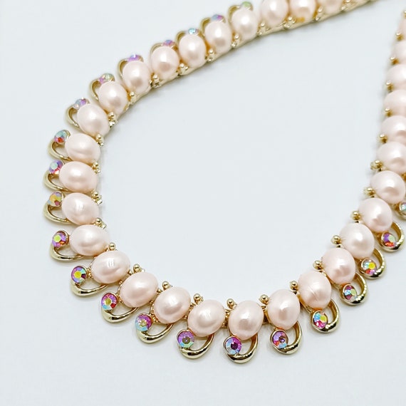 Vintage pink pearl collar necklace Faux pearl gol… - image 6